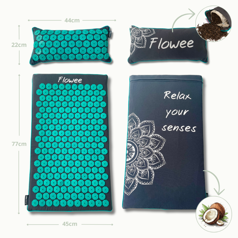 PRE ORDER: Relaxset Luxe - Spijkermat ECO met oogkussen - Grijs met zeegroen