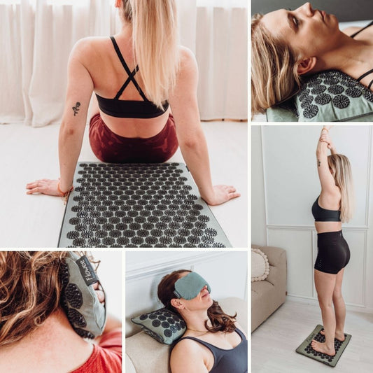 Collage met verschillende toepassingen van de groene Flowee Relaxset met spijkermat, spijkerkussen, massagehand en oogkussen.