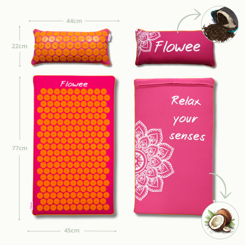 Relaxset Luxe - Spijkermat ECO met oogkussen - Fuchsia met oranje