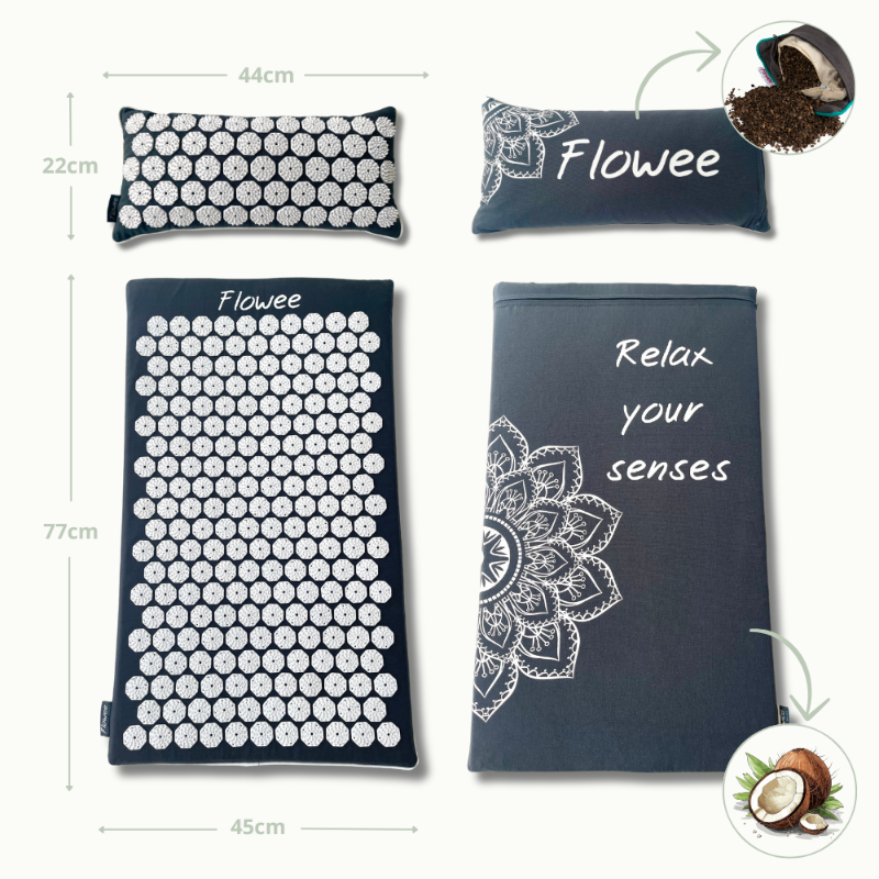Relaxset Luxe - Spijkermat ECO met oogkussen - Grijs met wit