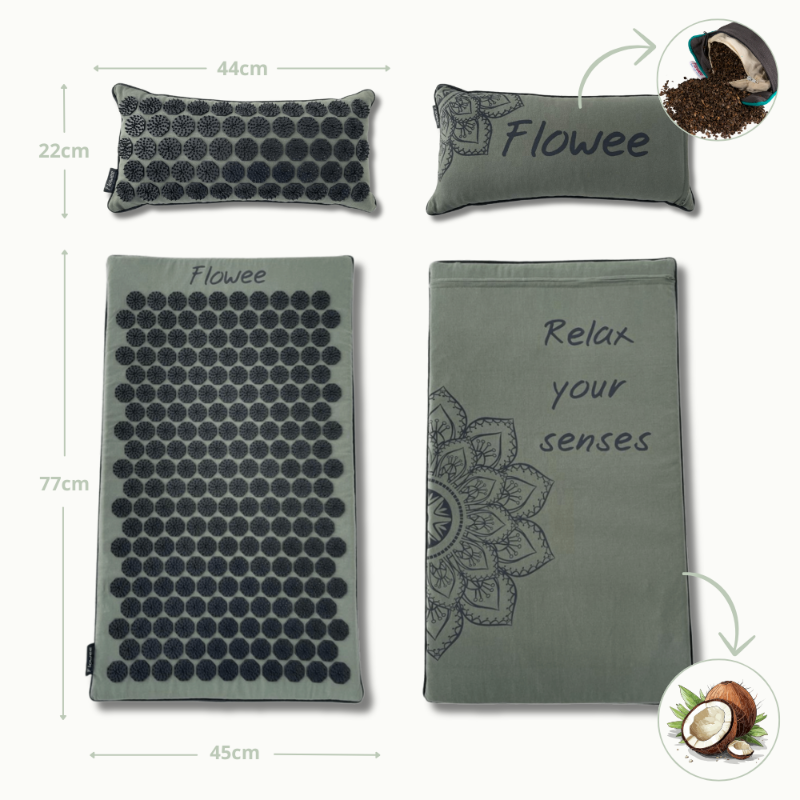 Relaxset Luxe - Spijkermat ECO met oogkussen - Groen met grijs