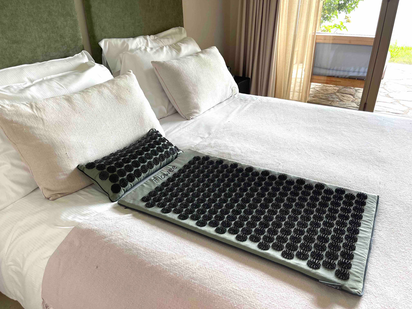 Relaxset Luxe - Spijkermat ECO met oogkussen - Groen met grijs