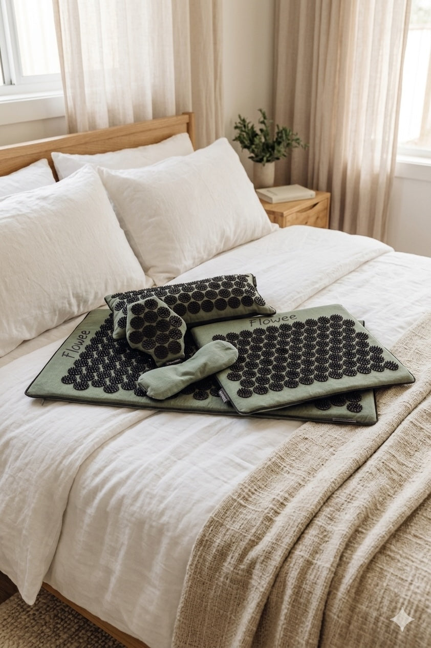 Flowee spijkermat als hulpmiddel bij ontspannen en afvallen, met bijpassende spijkerkussens op bed.