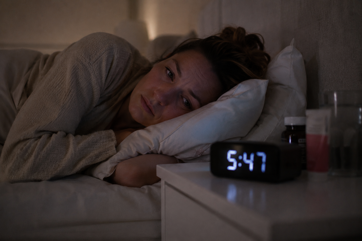 Vrouw ligt wakker in bed naast een wekker die 5:47 uur aangeeft.