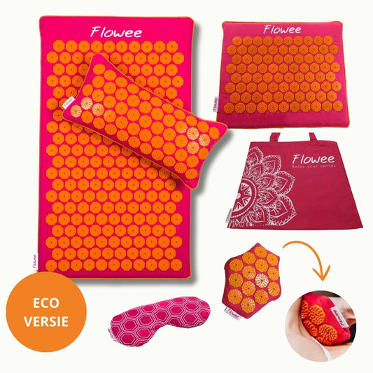 Relaxset PRO - Spijkermat ECO - Fuchsia met oranje + Gratis Massagehand