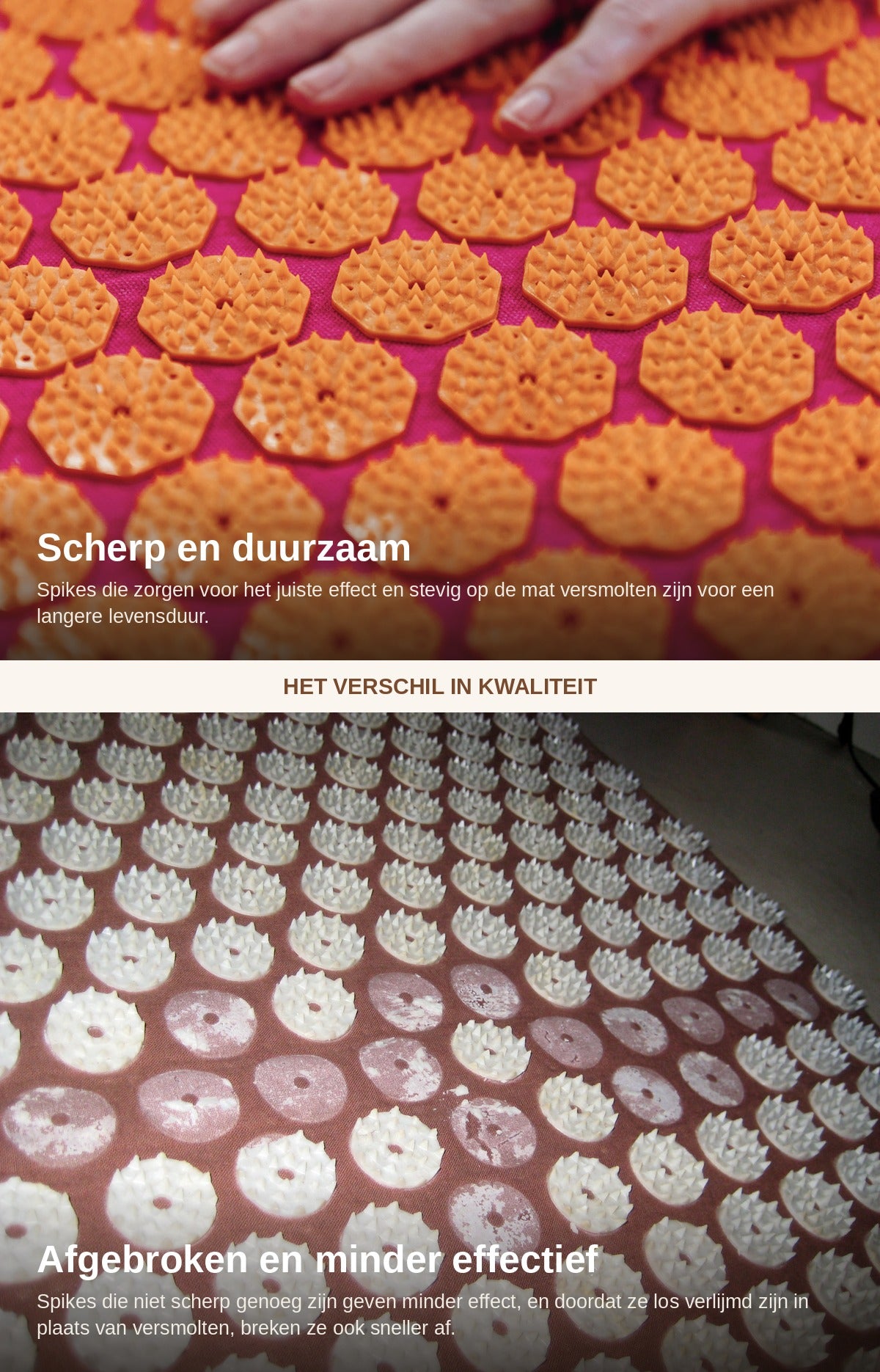 Kwaliteitsverschil tussen spijkermatten: scherpe, versmolten spikes tegenover afgebroken, verlijmde spikes.