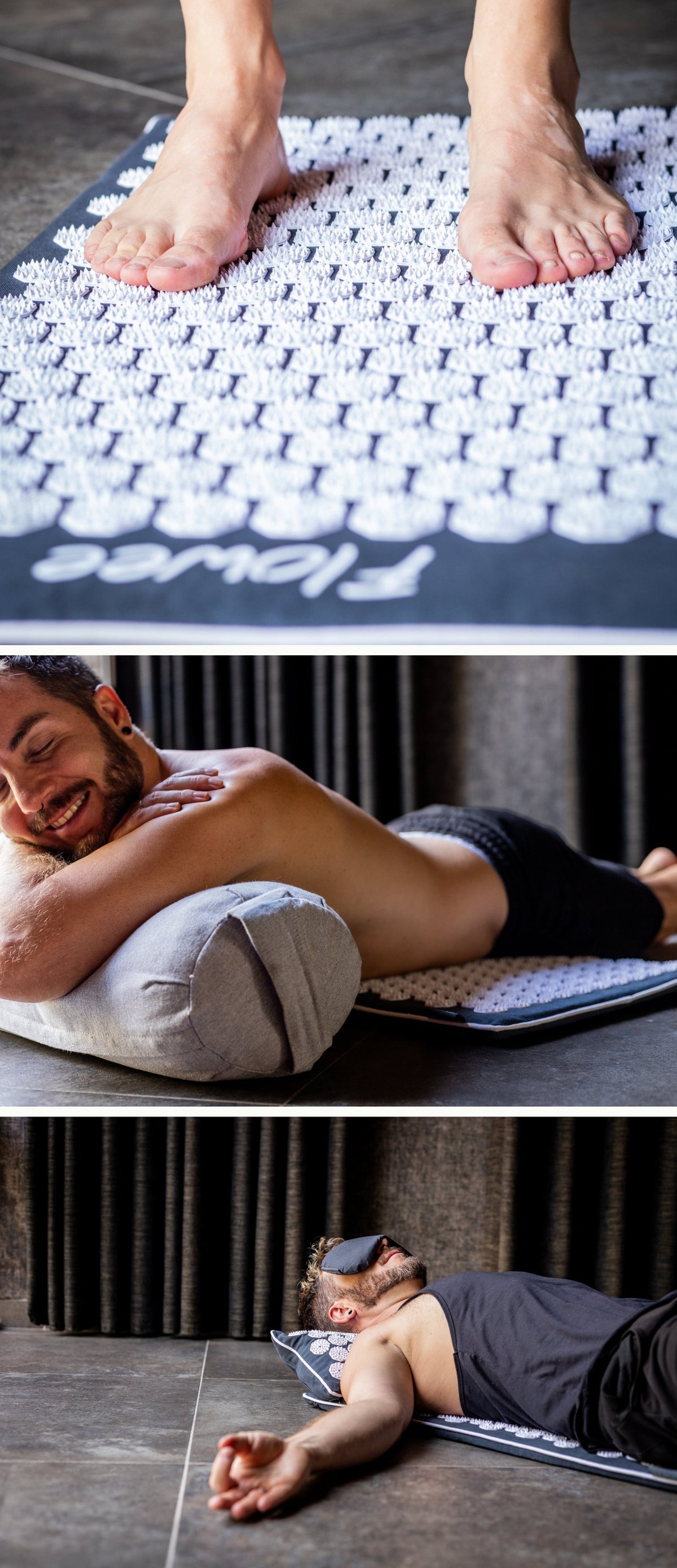 Drie stappen van een spijkermat-workshop: blote voeten op een Flowee spijkermat, Danny Benaets op zijn buik op de mat met een bolster, en Danny op zijn rug met spijkerkussen en oogkussen