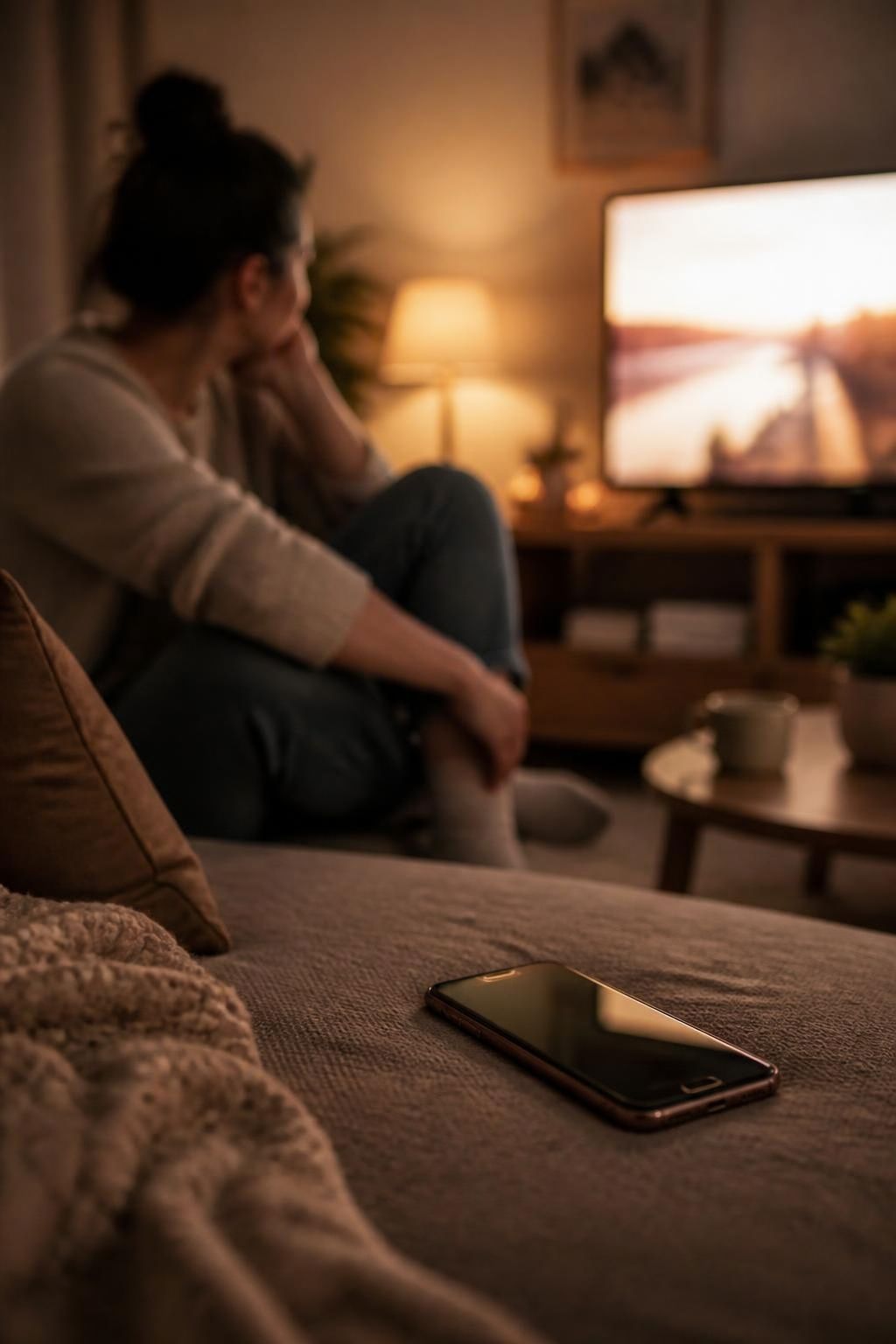 Vrouw kijkt tv met de telefoon binnen handbereik.